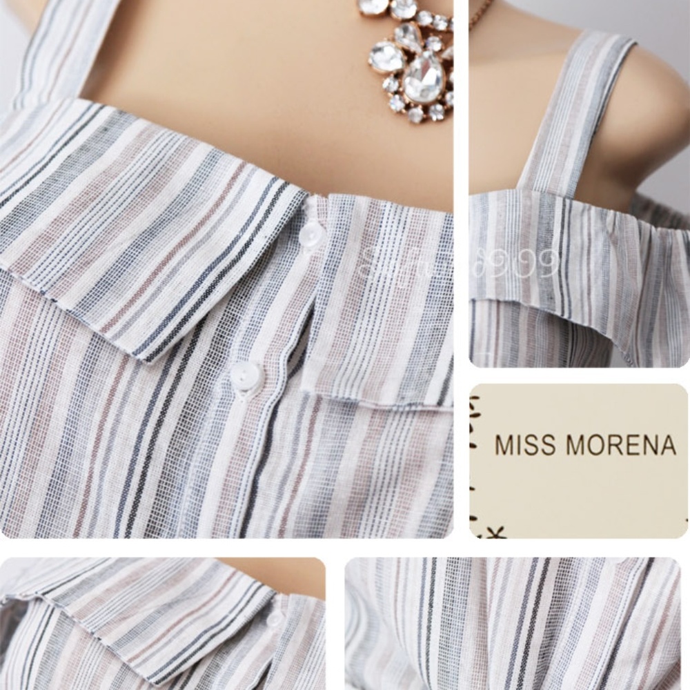 Last☝️ Striped Off Shoulder Button Tie Front Top - Picture 6 of 8